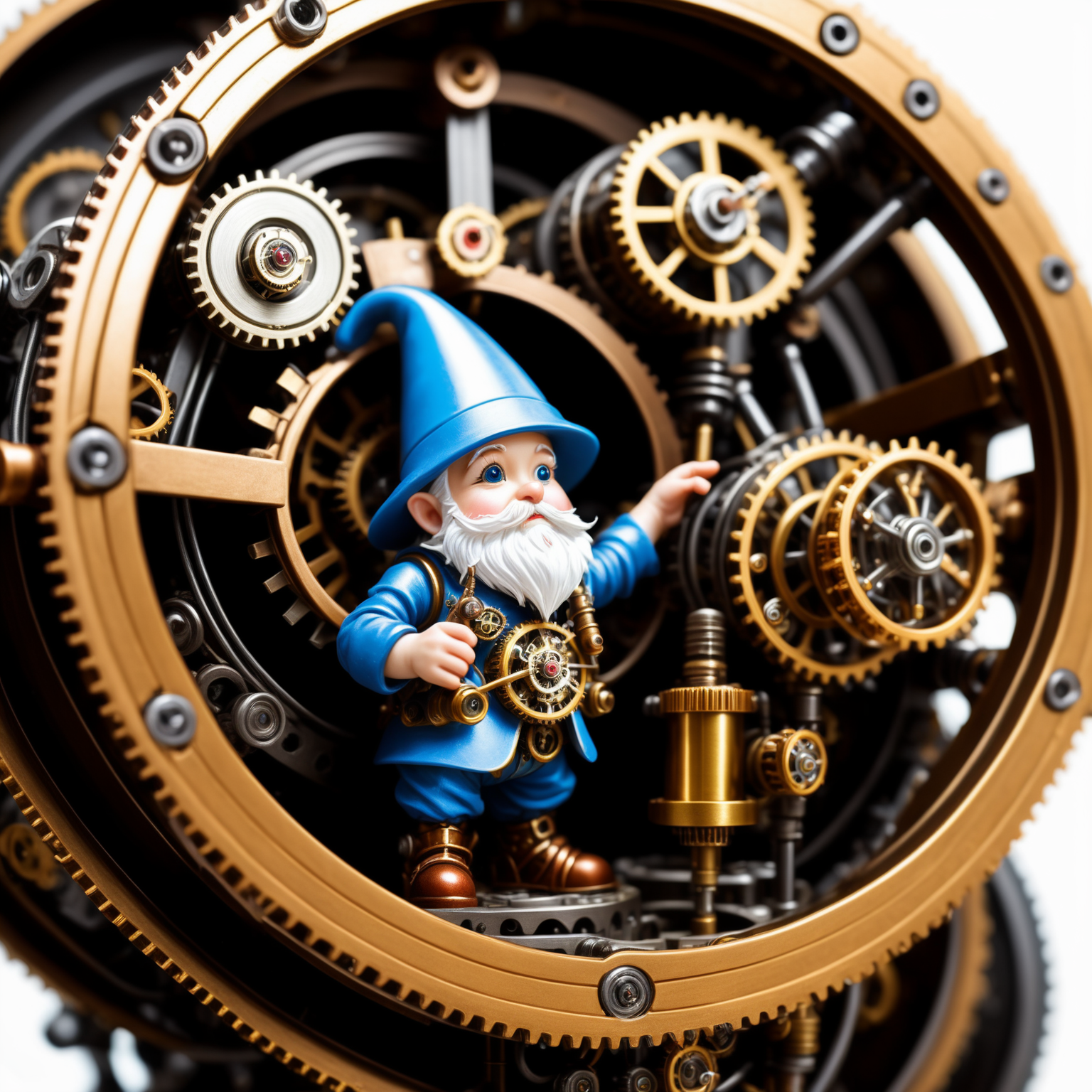 3. A tiny gnome tinkerer inside the intricate clockwork of a towering steampunk robot. Detailed macro perspective capturin...